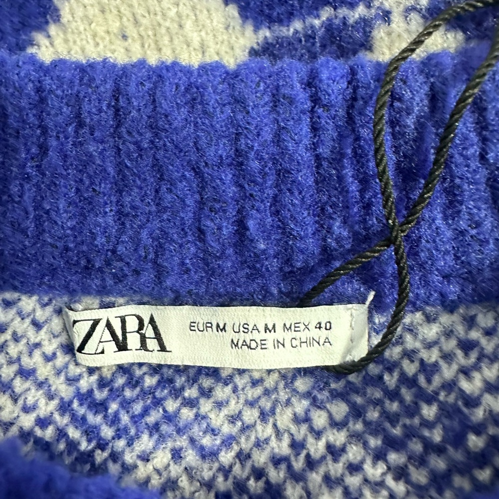 Zara Men's Sweater Blue White Diamond Geometric Size M Crewneck Pullover - Picture 10 of 13